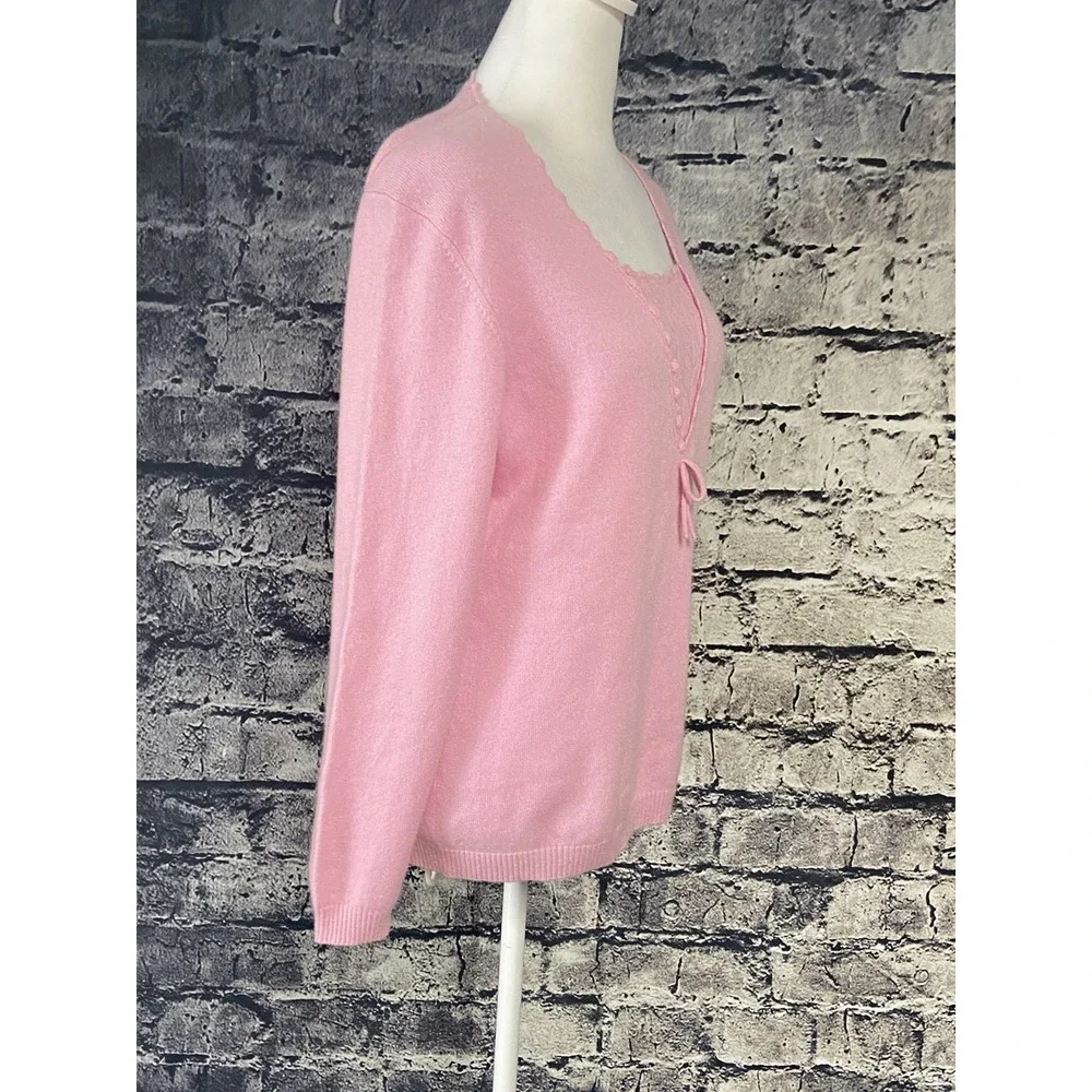 ERDOS Sweater Womens 105 Pink Cashmere Blend V Neck Bow Knit Pullover Top
